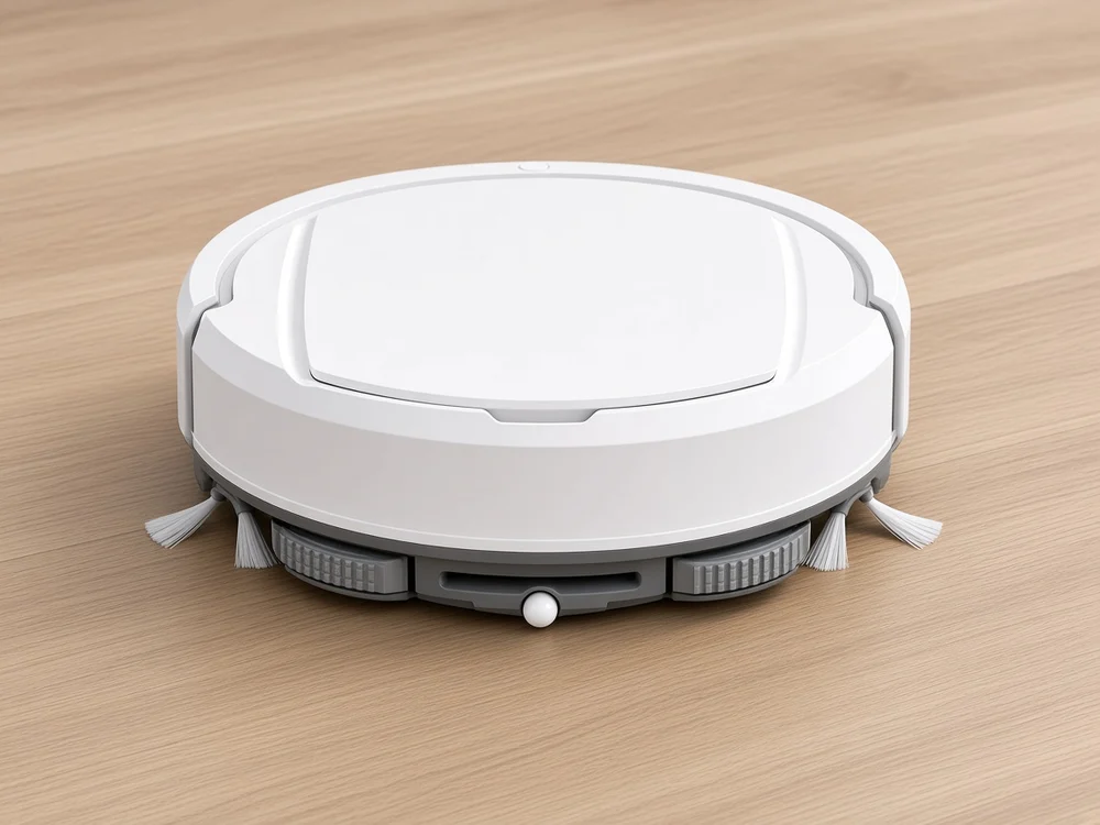 SweepBot at floor level, both side brushes reaching past the edge of the body