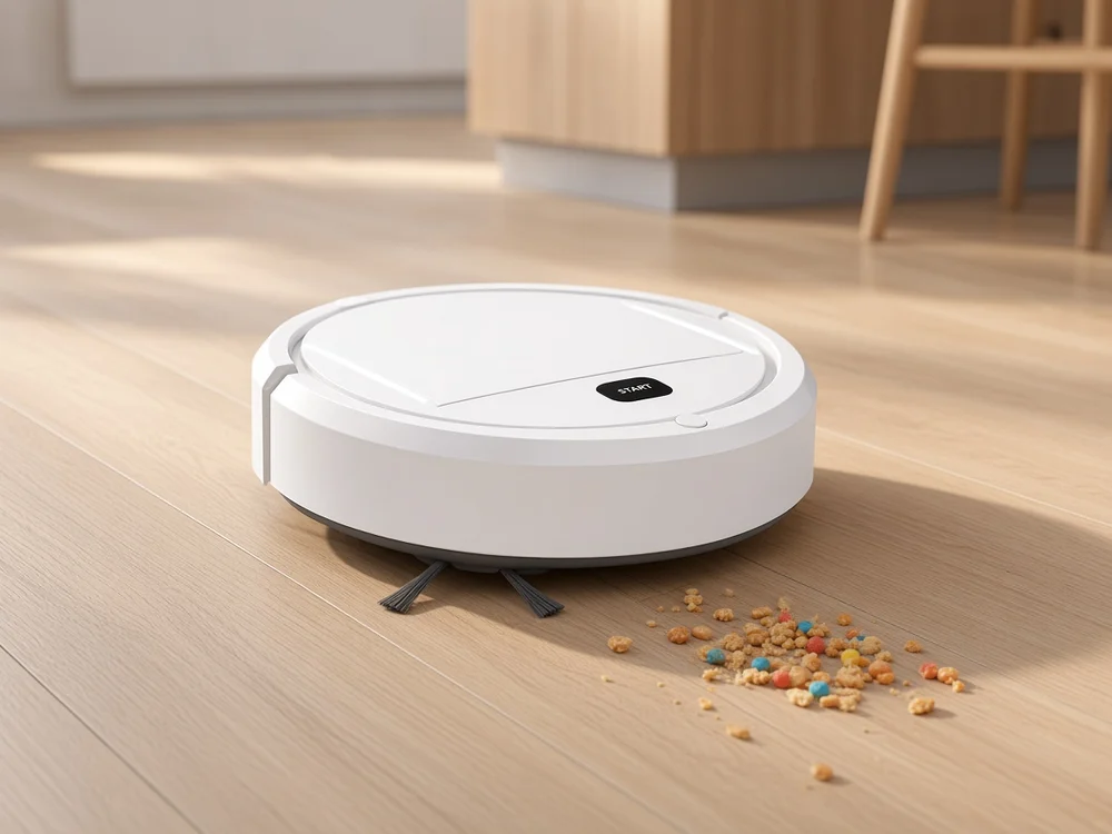 SweepBot crossing a light oak kitchen floor toward scattered crumbs