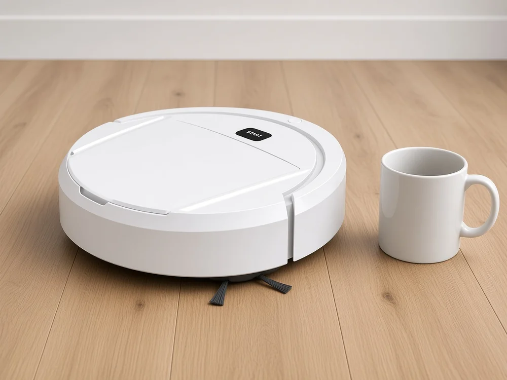 SweepBot beside a coffee mug on a wood floor, showing how small it is