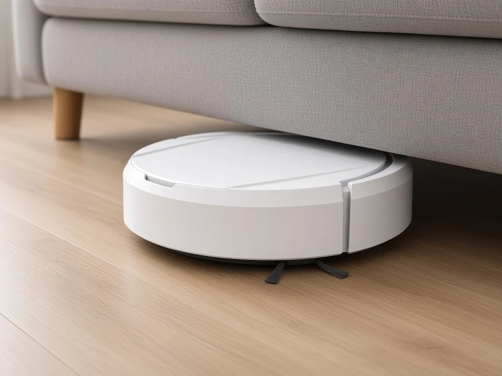 SweepBot driving into the low gap beneath the front edge of a grey sofa