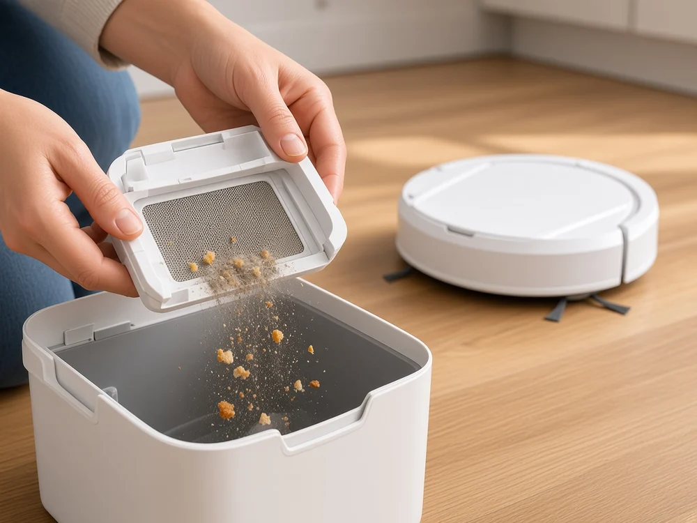 The debris tray being tipped into a kitchen bin by hand
